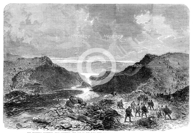 The Bradfield Reservoir, near Sheffield: the gap in the Dale Dyke embankment..., 1864. Creator: Unknown.