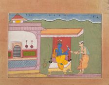 The Brahmin Delivers Rukmini's Letter to Krishna...from a Dispersed Bhagavata Purana..., ca. 1610. Creator: Unknown