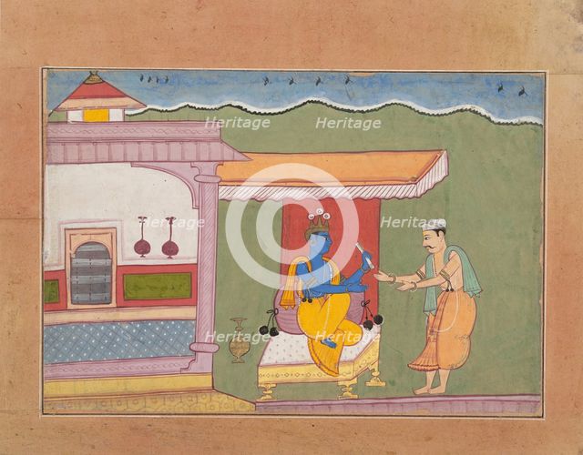 The Brahmin Delivers Rukmini's Letter to Krishna...from a Dispersed Bhagavata Purana..., ca. 1610. Creator: Unknown.