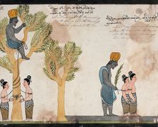 The brahmin, sitting in a tree, keeps the children of Vessantara tied up all night, and in..., 1815. Creator: Unknown