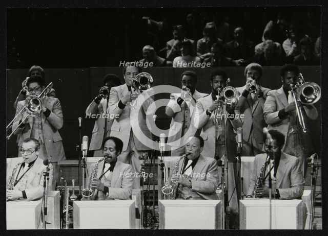 The brass section of the Count Basie Orchestra, Royal Festival Hall, London, 18 July 1980. Creator: Denis Williams.