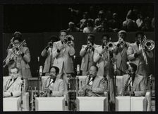 The brass section of the Count Basie Orchestra, Royal Festival Hall, London, 18 July 1980. Creator: Denis Williams