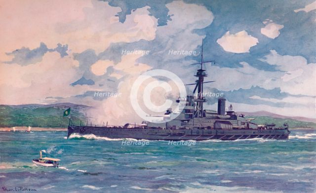 'The Brazilian Super-Dreadnought Minas Geraes nearing Rio', 1914. Artist: Edgar L Pattison.