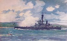 The Brazilian Super-Dreadnought Minas Geraes nearing Rio 1914. Artist: Edgar L Pattison