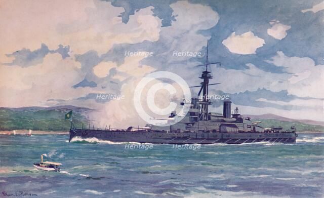'The Brazilian Super-Dreadnought Minas Geraes nearing Rio', 1914. Artist: Edgar L Pattison.