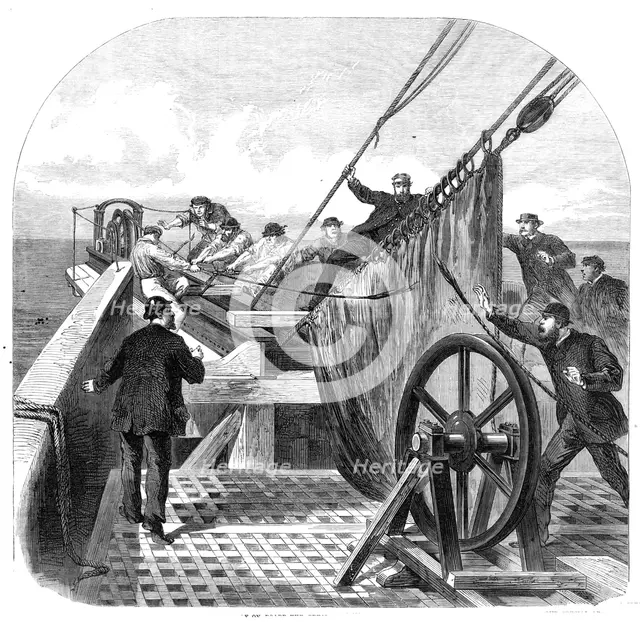 The breaking of the Atlantic Telegraph Cable on board the Great Eastern, 1865. Creator: Unknown.