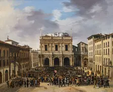 The Brescians gather in Piazza della Loggia on March 23, 1849, 1849. Creator: Joli, Faustino (1814-1876)