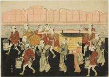 The Bride Riding in the Palanquin to Her Husband's House (Koshi-iri), the third sheet..., c. 1769. Creator: Suzuki Harunobu