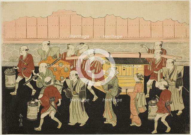 The Bride Riding in the Palanquin to Her Husband's House (Koshi-iri), the third sheet..., c. 1769. Creator: Suzuki Harunobu.