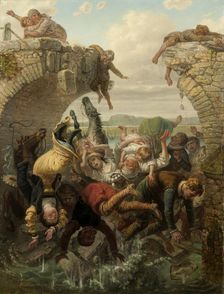 The Bridge at Nya Lödöse Collapsing into the River Säveån in 1543, 1884. Creator: Brusewitz, Gustaf (1812-1899)