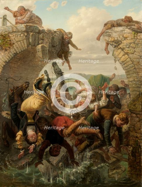 The Bridge at Nya Lödöse Collapsing into the River Säveån in 1543, 1884. Creator: Brusewitz, Gustaf (1812-1899).