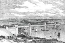 The Britannia Tubular Bridge across the Menai Straits - sketched from the Anglesey Shore, 1850. Creator: Unknown