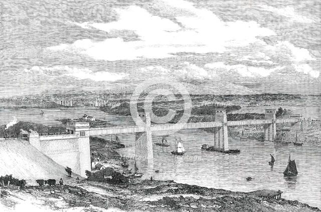 The Britannia Tubular Bridge across the Menai Straits - sketched from the Anglesey Shore, 1850. Creator: Unknown.