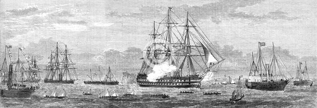 The British Channel Squadron entering Cherbourg Harbour, 1865. Creator: Unknown.