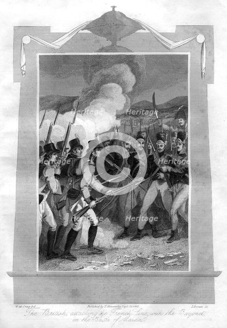 The British attacking the French line with bayonets at the Battle of Maida, 1816.Artist: I Brown