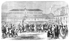 The British brigade marching into the Largo St. Francesco di Paola, Naples..., 1860. Creator: Unknown