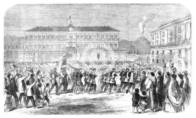 The British brigade marching into the Largo St. Francesco di Paola, Naples..., 1860. Creator: Unknown.