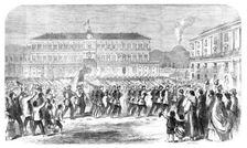 The British brigade marching into the Largo St. Francesco di Paola, Naples..., 1860. Creator: Unknown