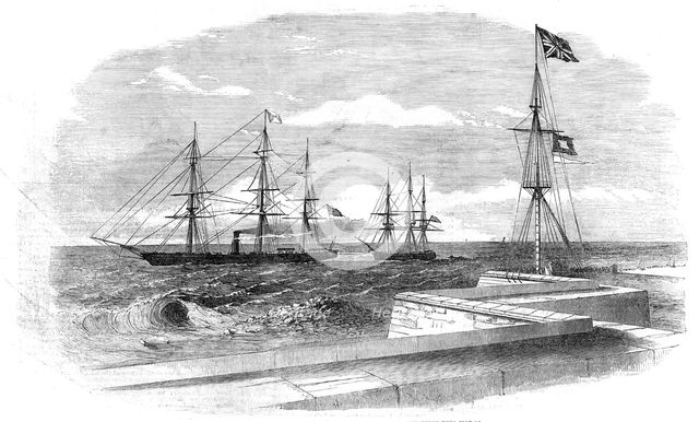 The British Steamer "Bengal" bringing a supposed Russian Prize into Madras Harbour, 1854. Creator: Unknown.