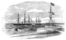 The British Steamer "Bengal" bringing a supposed Russian Prize into Madras Harbour, 1854. Creator: Unknown