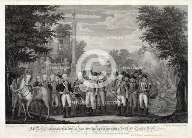 The British surrendering their arms to General Washington after the defeat at York Town … , 1781, 18