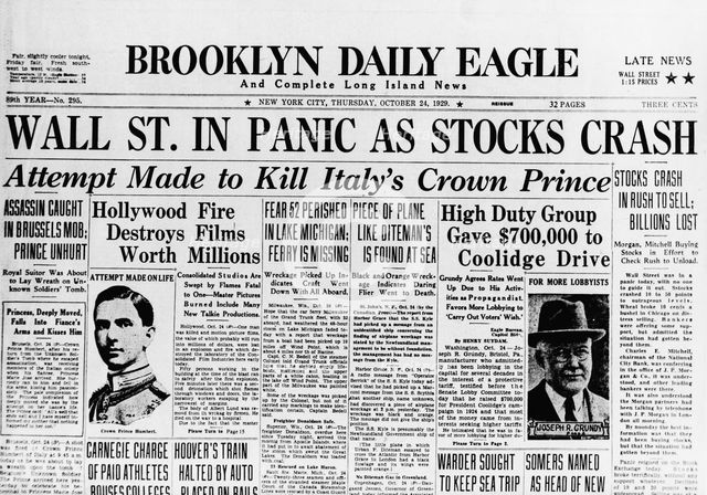 The Brooklyn Daily Eagle Front Page from October 24th, 1929: Stocks Crash - Great Depression, 1929. Creator: Historic Object.