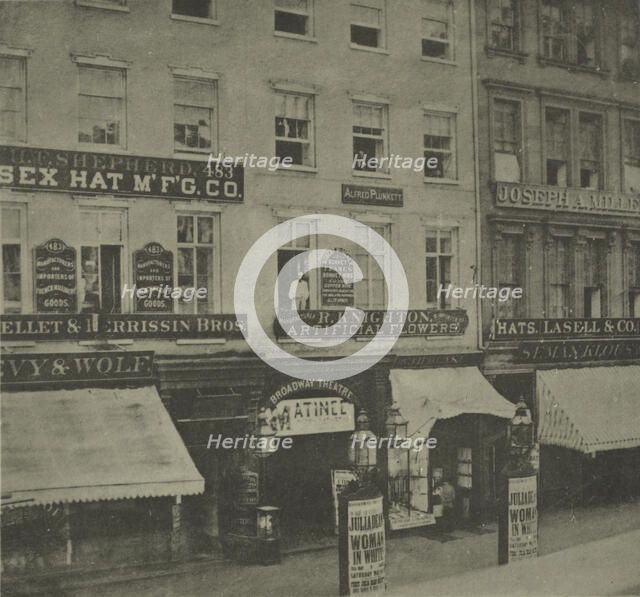 The Broadway Theatre, with posters announcing Julia Dean in The woman in white..., c1860 - 1899. Creator: Unknown.