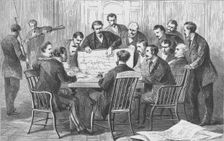 The Cuban insurrectionists's meeting in their headquarters, on the corner of Rector Street and Broa Artist: Theodore R Davis
