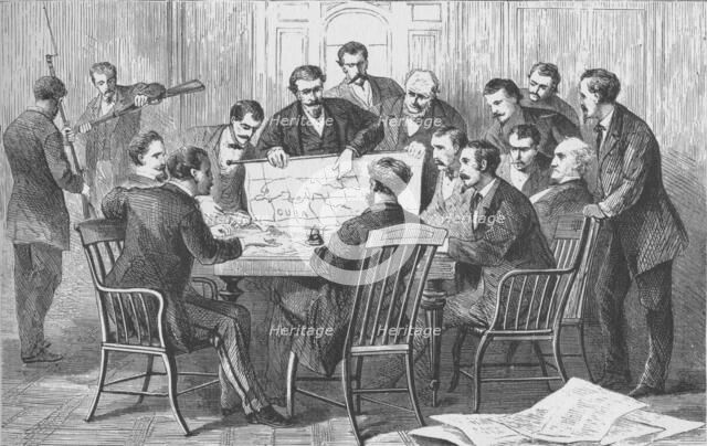 'The Cuban insurrectionists's meeting in their headquarters, on the corner of Rector Street and Broa Artist: Theodore R Davis.
