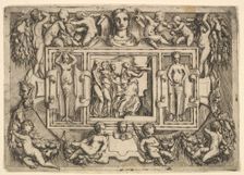 The Cumeaean sibyl walking to the right and carrying a tray, followed by three wome..., ca. 1540-80. Creator: Battista del Moro