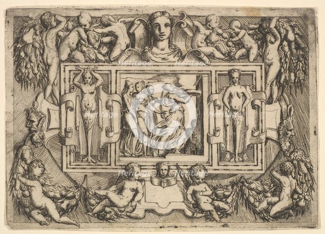 The Cumeaean sibyl walking to the right and carrying a tray, followed by three wome..., ca. 1540-80. Creator: Battista del Moro.