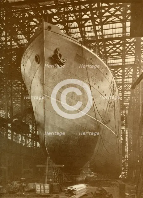 'The Cunard "Aurania" (14,000 Tons) on the Stocks at Newcastle-On-Tyne', c1930. Creator: Unknown.