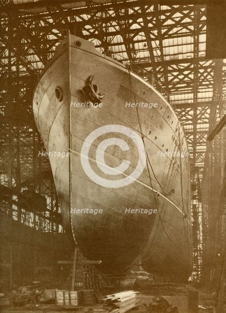 'The Cunard "Aurania" (14,000 Tons) on the Stocks at Newcastle-On-Tyne', c1930. Creator: Unknown.