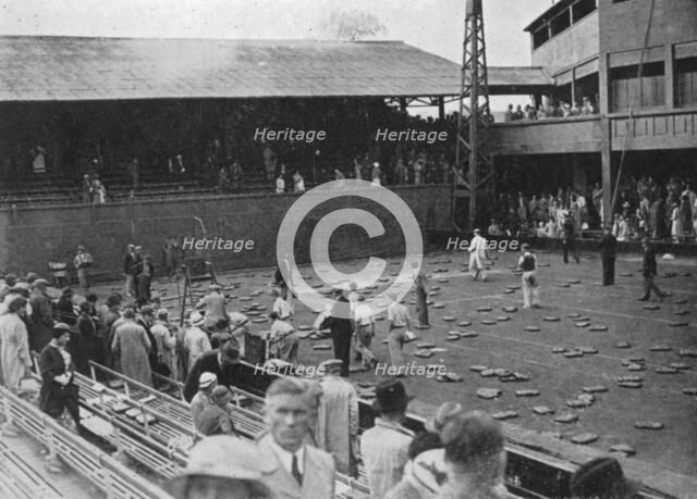 The cushion bombardment of No 1 Court, Davis Cup, Wimbledon, 1935. Artist: Planet News Ltd
