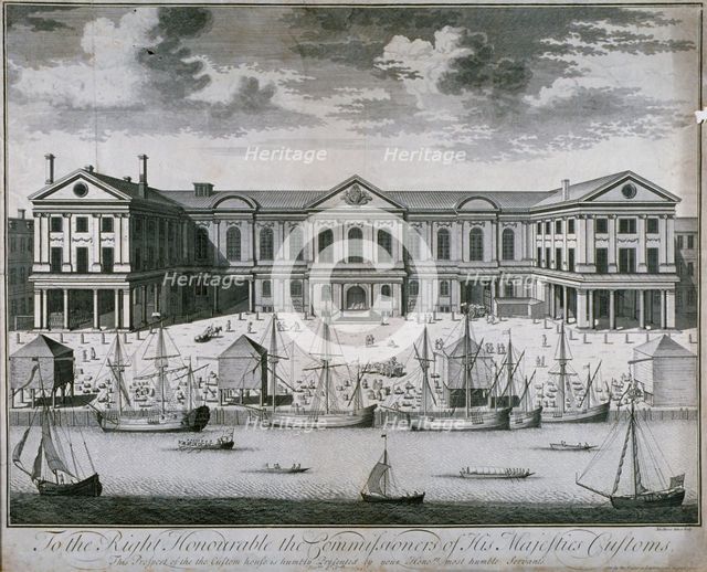 The Custom House from the River Thames, as it was in 1714, 1715.                                     Artist: John Harris