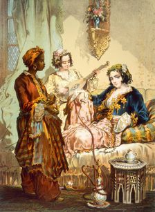 The Cup of Coffee: Two women taking coffee and smoking hubble-bubble, pub. 1865. Creator: Amadeo Preziosi (1816-82)