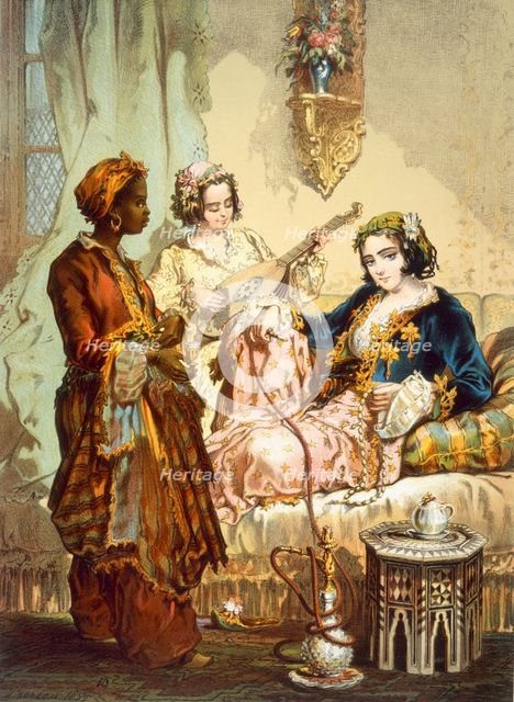 The Cup of Coffee: Two women taking coffee and smoking hubble-bubble, pub. 1865. Creator: Amadeo Preziosi (1816-82).