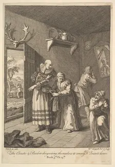 The Curate and the Barber Disguising Themselves to convey Don Quixote Home (Six I..., 1756 or after. Creator: William Hogarth