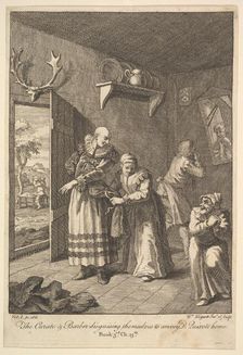 The Curate and the Barber Disguising Themselves to convey Don Quixote Home (Six I..., 1756 or after. Creator: William Hogarth