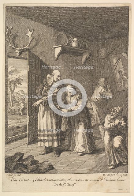 The Curate and the Barber Disguising Themselves to convey Don Quixote Home (Six I..., 1756 or after. Creator: William Hogarth.