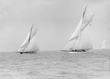 The cutters Creole (3) and Ma'oona (6) racing close-hauled, 1913. Creator: Kirk & Sons of Cowes