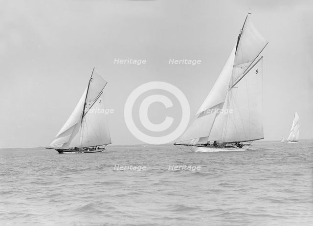The cutters 'Creole' (3) and 'Ma'oona' (6) racing close-hauled, 1913. Creator: Kirk & Sons of Cowes.