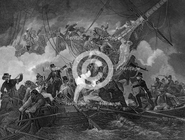 The cutting out of the corvette 'La Chevrette', 21 July 1801 (c1857).Artist: J Rogers