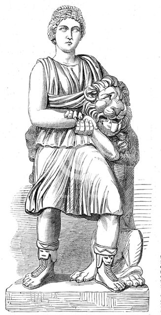 The Cyrene Marbles in the British Museum: the nymph Cyrene strangling a lion, 1861. Creator: Unknown.
