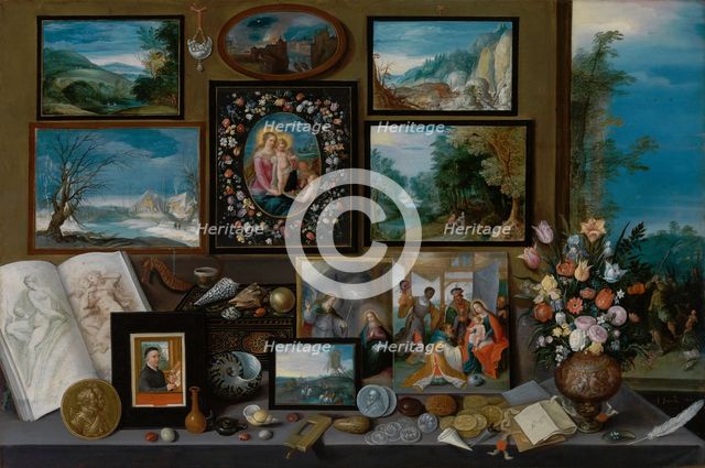 The cabinet of a collector with paintings, shells, coins, fossils and flowers, 1619. Creator: Frans Francken II.