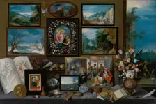 The cabinet of a collector with paintings, shells, coins, fossils and flowers, 1619. Creator: Frans Francken II