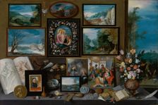 The cabinet of a collector with paintings, shells, coins, fossils and flowers, 1619. Creator: Frans Francken II
