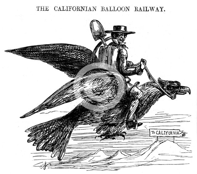 'The Californian Balloon Railway', a novel way of travelling to the Californian Gold Rush, 1849. Artist: Unknown