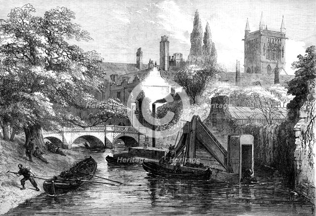 The Cam River improvements: dredging at St. John's Bridge, Cambridge, 1869. Creator: Unknown.