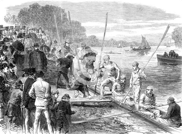 The Cambridge University boat crew returning from practice, 1870. Creator: Unknown.